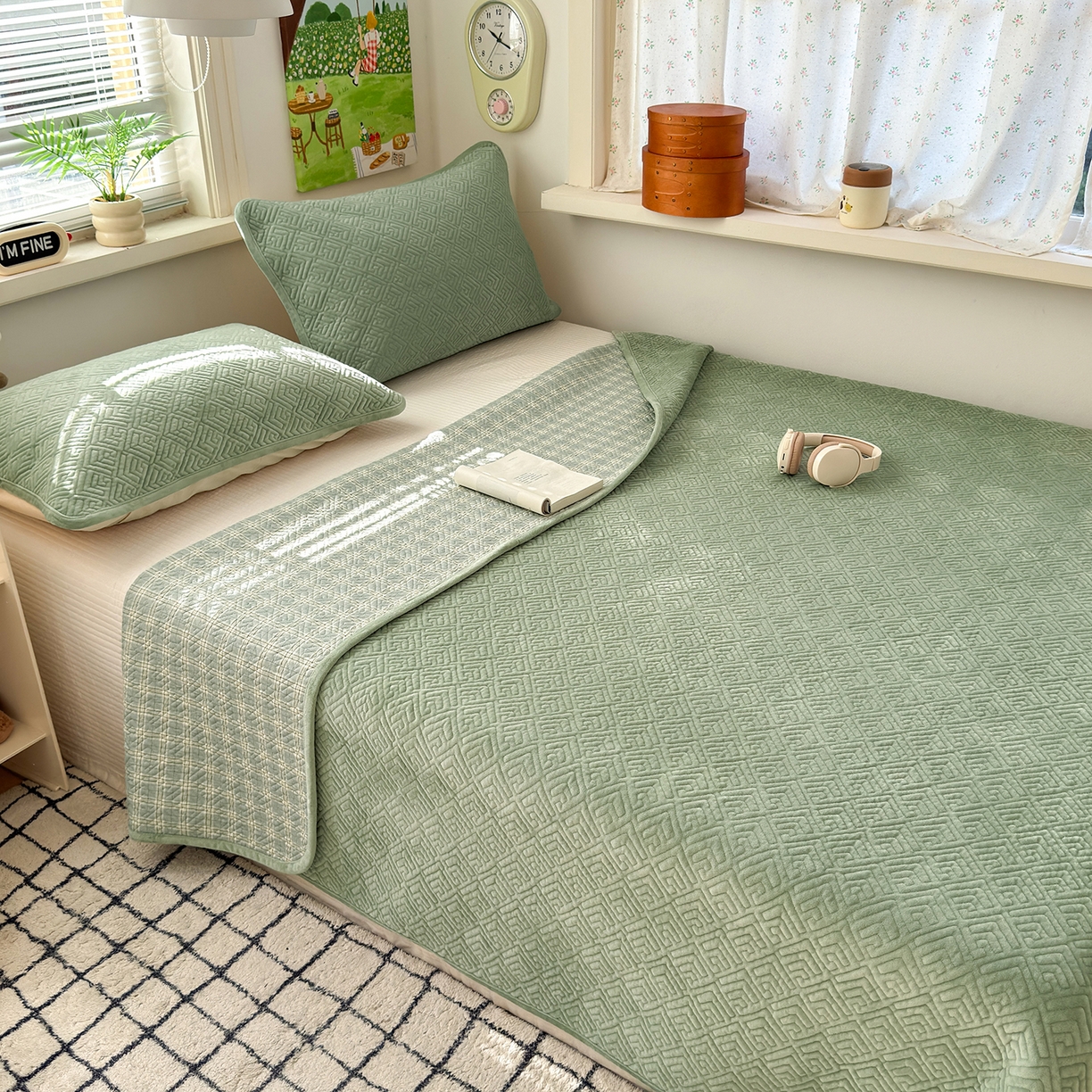 91家纺网 家纺一手货源 找家纺 美优兰 2025新款棉加绒高温砂洗夹棉单床盖 床盖单件 暖阳-草绿