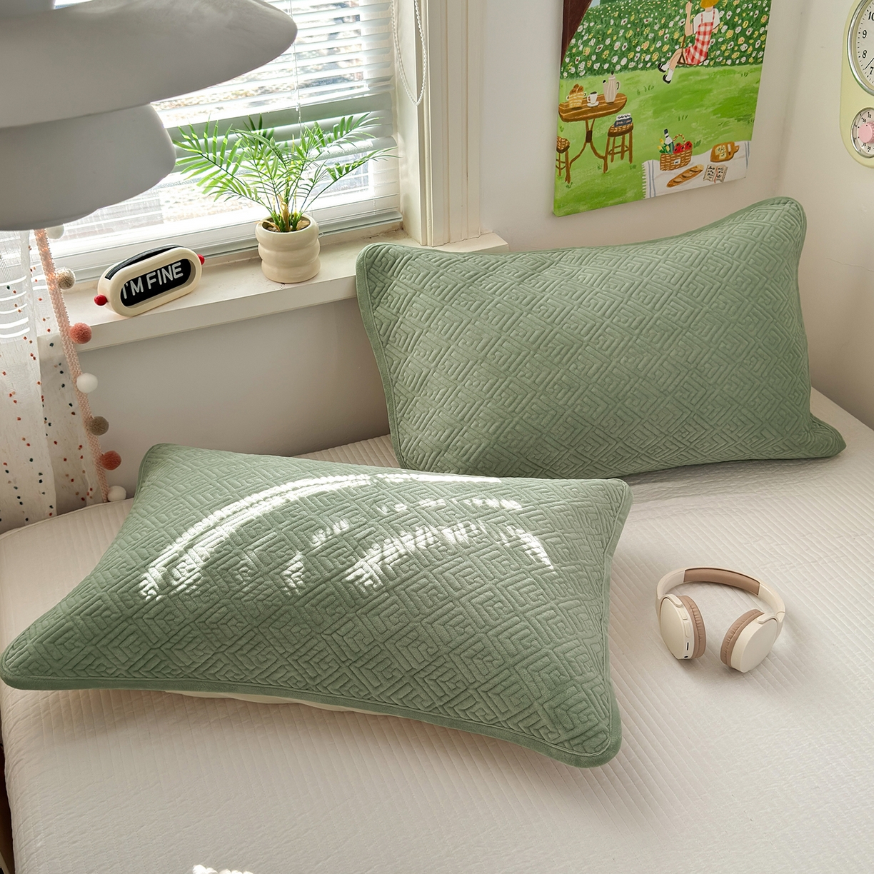 91家纺网 家纺一手货源 找家纺 美优兰 2025新款棉加绒高温砂洗夹棉单床盖 床盖单件 暖阳-草绿