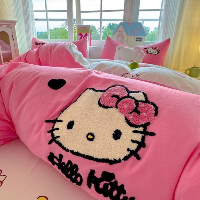 91家纺网 家纺一手货源 找家纺 （总）艾特你 2025新款三丽鸥水洗云朵棉毛巾绣四件套学生宿舍三件套-三丽鸥