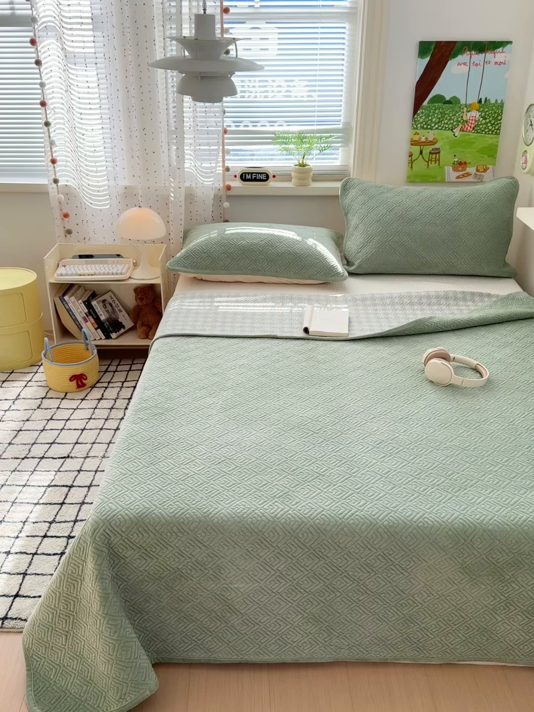 91家纺网 家纺一手货源 找家纺 美优兰 2025新款棉加绒高温砂洗夹棉单床盖 床盖单件 暖阳-草绿