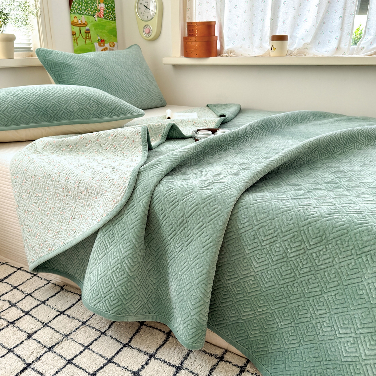 美优兰 2025新款棉加绒高温砂洗夹棉单床盖 床盖单件 暖阳-豆绿