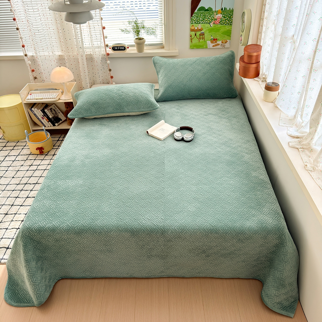 91家纺网 家纺一手货源 找家纺 美优兰 2025新款棉加绒高温砂洗夹棉单床盖 床盖单件 暖阳-豆绿