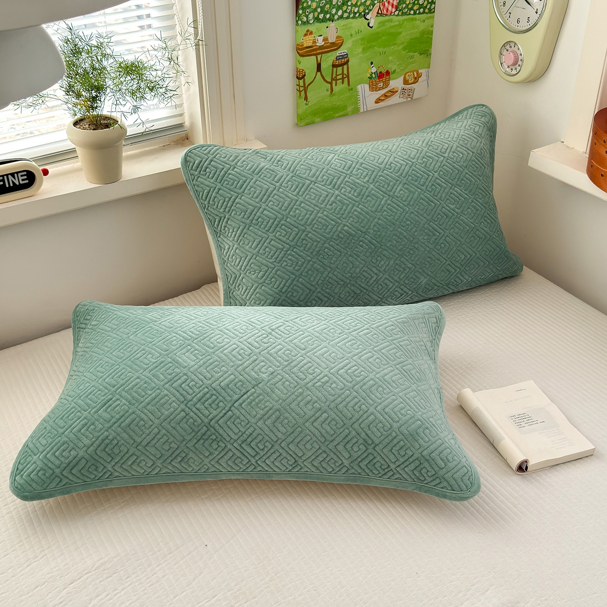 91家纺网 家纺一手货源 找家纺 美优兰 2025新款棉加绒高温砂洗夹棉单床盖 床盖单件 暖阳-豆绿