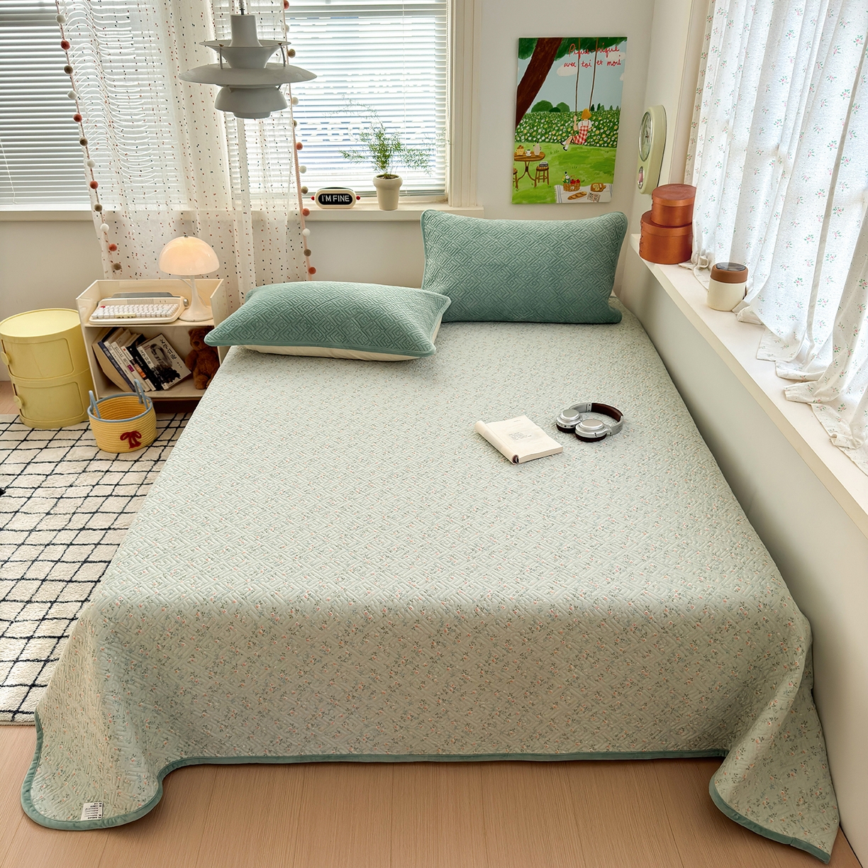 91家纺网 家纺一手货源 找家纺 美优兰 2025新款棉加绒高温砂洗夹棉单床盖 床盖单件 暖阳-豆绿