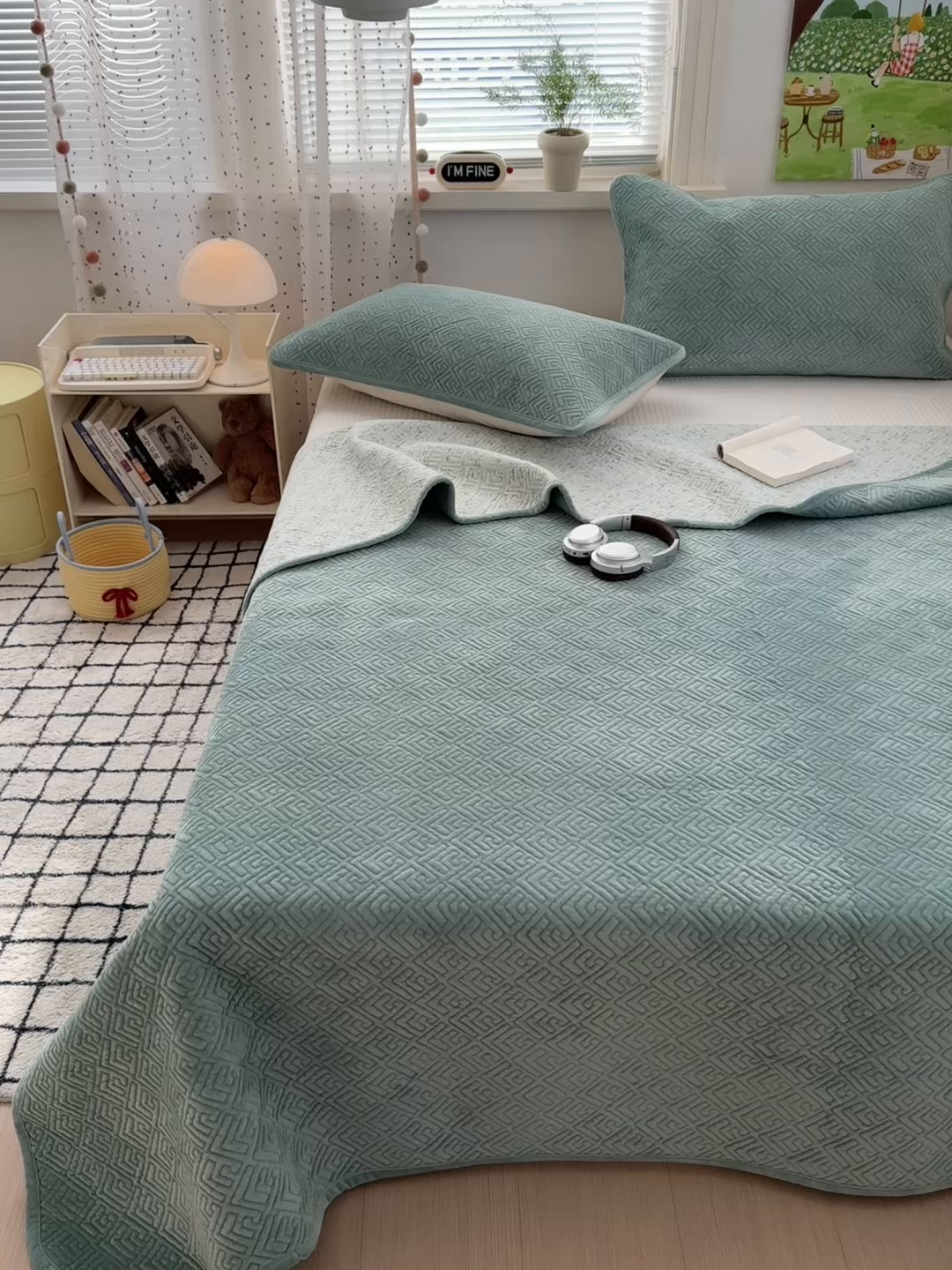 91家纺网 家纺一手货源 找家纺 美优兰 2025新款棉加绒高温砂洗夹棉单床盖 床盖单件 暖阳-豆绿