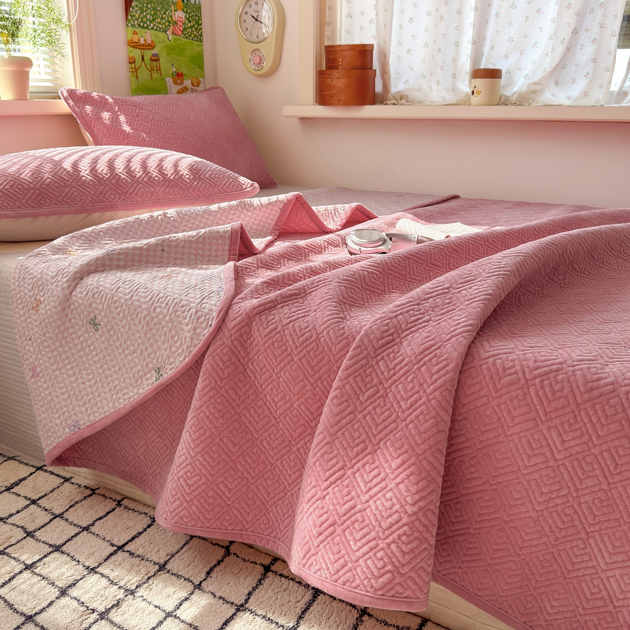 美优兰 2025新款棉加绒高温砂洗夹棉单床盖 床盖单件 暖阳-粉黛