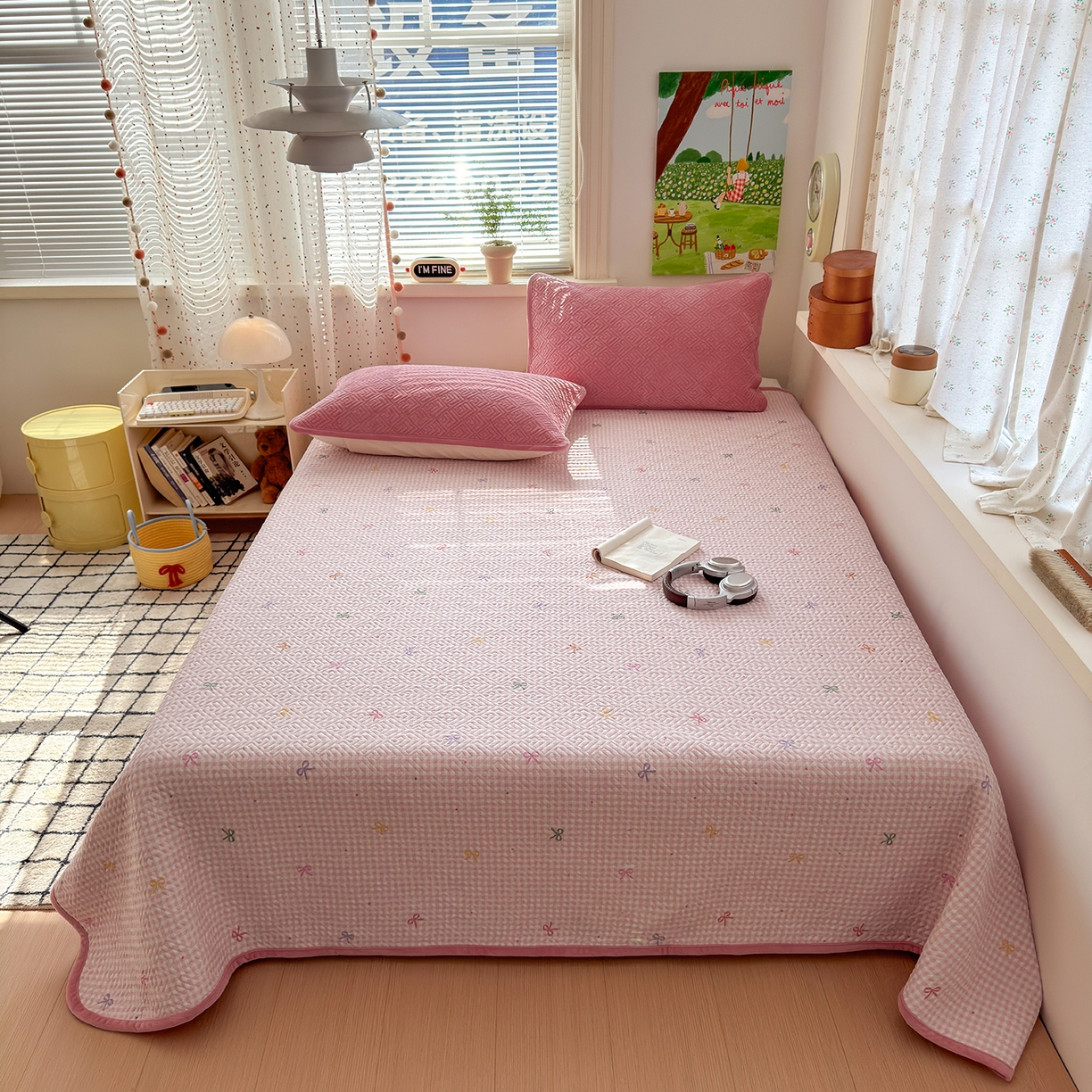 91家纺网 家纺一手货源 找家纺 美优兰 2025新款棉加绒高温砂洗夹棉单床盖 床盖单件 暖阳-粉黛