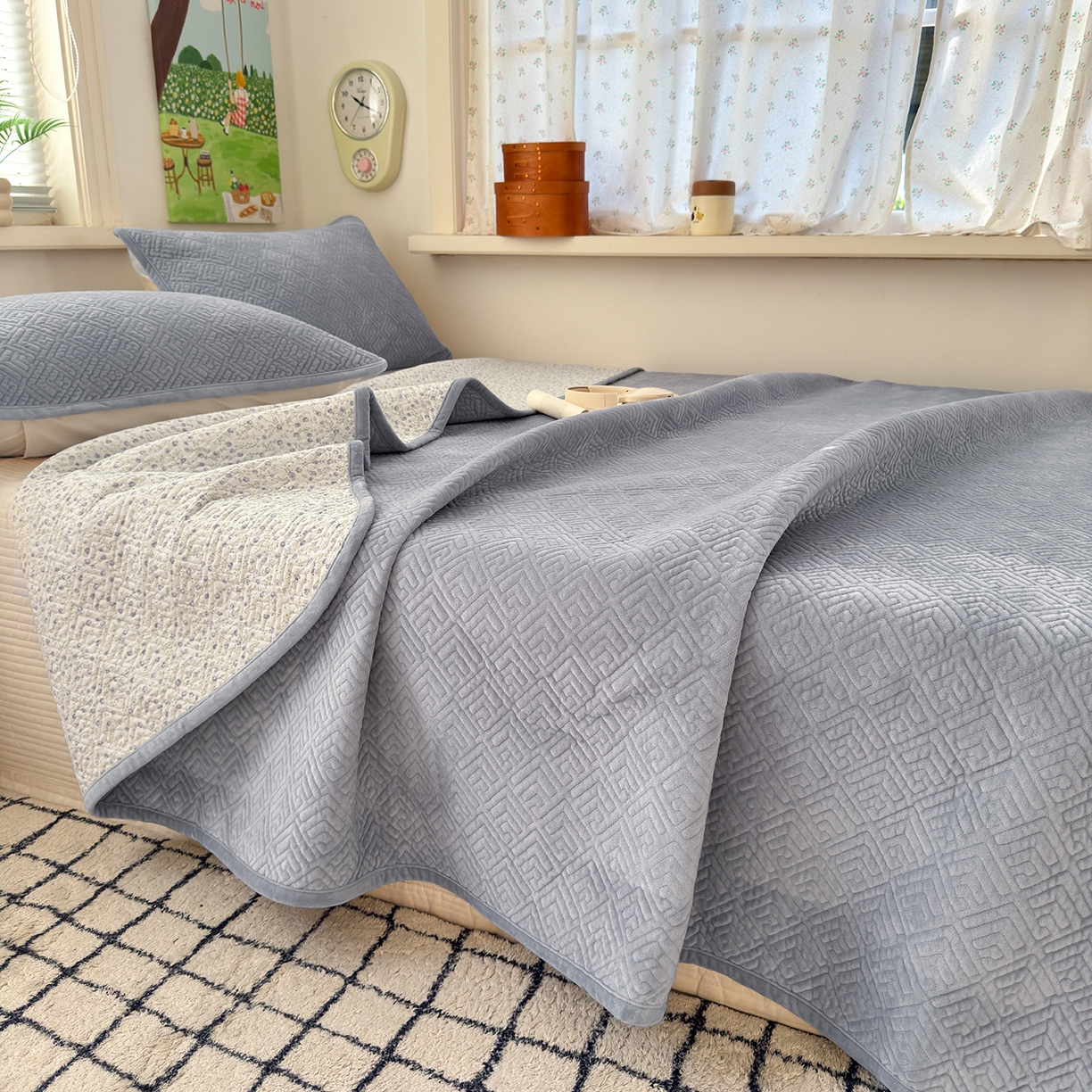 美优兰 2025新款棉加绒高温砂洗夹棉单床盖 床盖单件 暖阳-灰色