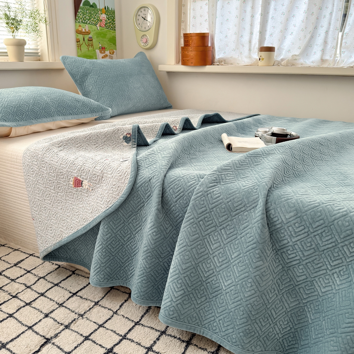 美优兰 2025新款棉加绒高温砂洗夹棉单床盖 床盖单件 暖阳-蓝色