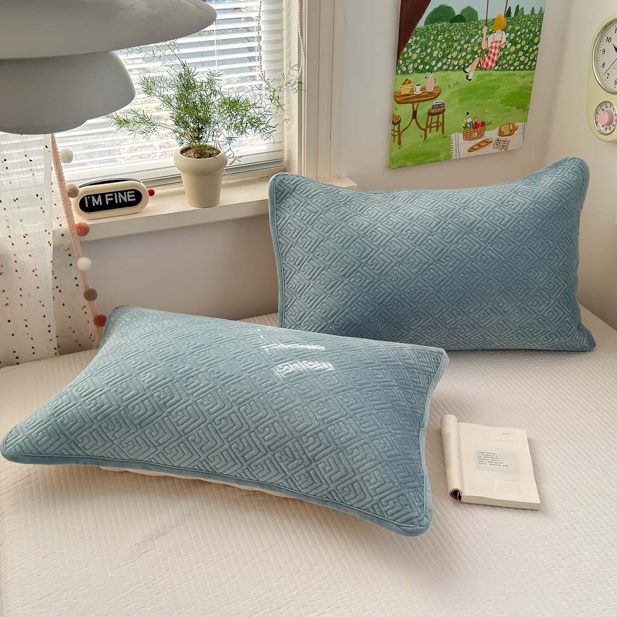 91家纺网 家纺一手货源 找家纺 美优兰 2025新款棉加绒高温砂洗夹棉单床盖 床盖单件 暖阳-蓝色