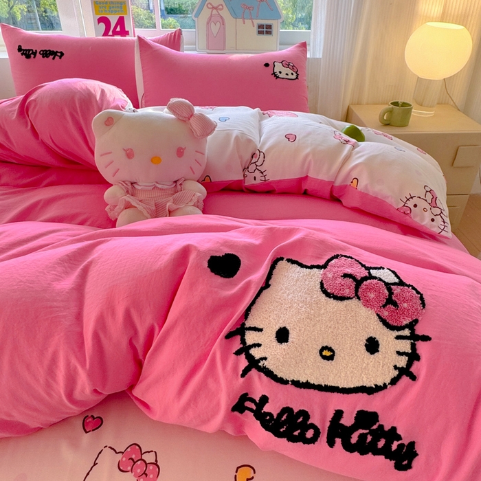 91家纺网 家纺一手货源 找家纺 （总）艾特你 2025新款三丽鸥水洗云朵棉毛巾绣四件套学生宿舍三件套-三丽鸥