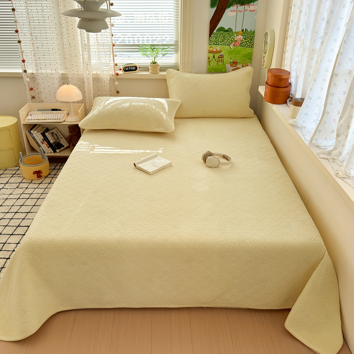 91家纺网 家纺一手货源 找家纺 美优兰 2025新款棉加绒高温砂洗夹棉单床盖 床盖单件 暖阳-米黄