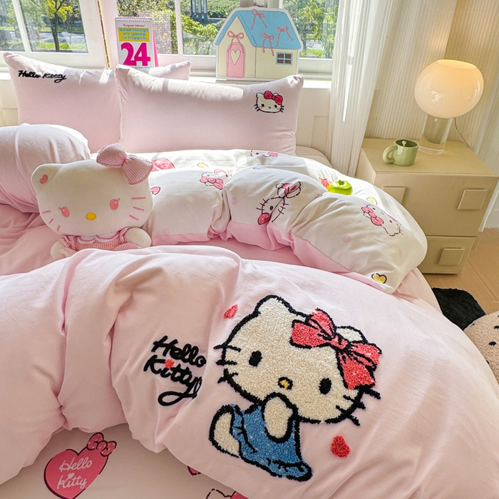 91家纺网 家纺一手货源 找家纺 （总）艾特你 2025新款三丽鸥水洗云朵棉毛巾绣四件套学生宿舍三件套-三丽鸥