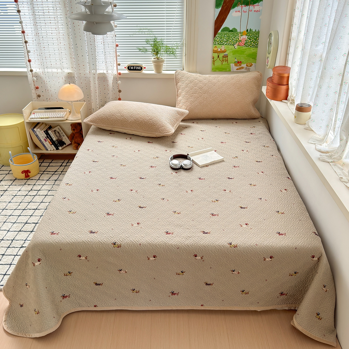 91家纺网 家纺一手货源 找家纺 美优兰 2025新款棉加绒高温砂洗夹棉单床盖 床盖单件 暖阳-米驼