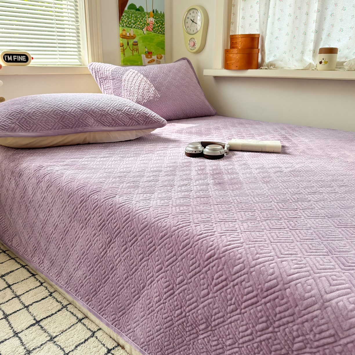 91家纺网 家纺一手货源 找家纺 美优兰 2025新款棉加绒高温砂洗夹棉单床盖 床盖单件 暖阳-紫薯