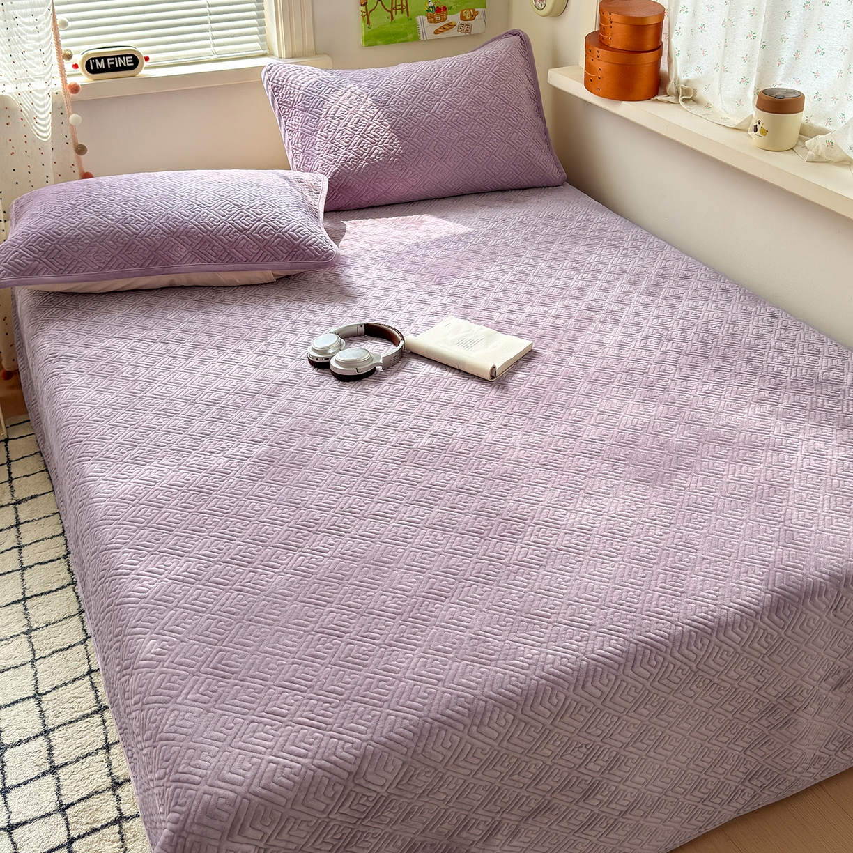 91家纺网 家纺一手货源 找家纺 美优兰 2025新款棉加绒高温砂洗夹棉单床盖 床盖单件 暖阳-紫薯