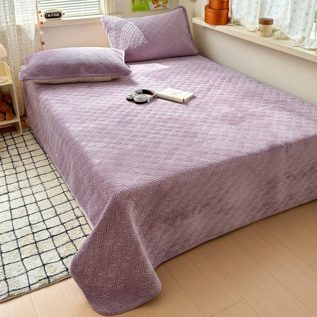 91家纺网 家纺一手货源 找家纺 美优兰 2025新款棉加绒高温砂洗夹棉单床盖 床盖单件 暖阳-紫薯