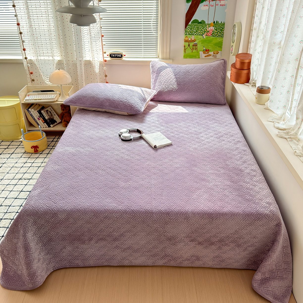 91家纺网 家纺一手货源 找家纺 美优兰 2025新款棉加绒高温砂洗夹棉单床盖 床盖单件 暖阳-紫薯