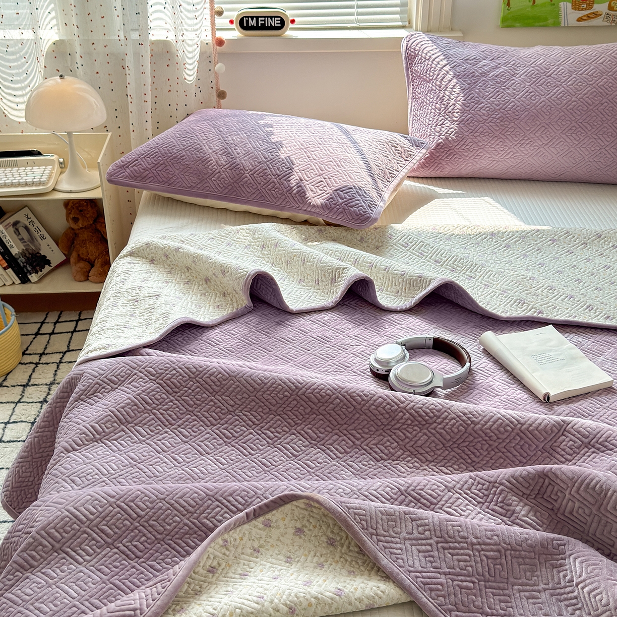 91家纺网 家纺一手货源 找家纺 美优兰 2025新款棉加绒高温砂洗夹棉单床盖 床盖单件 暖阳-紫薯