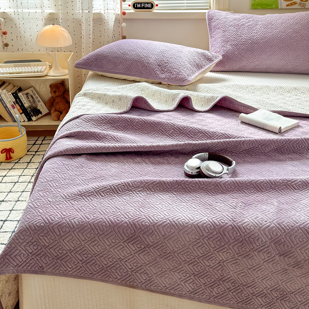 91家纺网 家纺一手货源 找家纺 美优兰 2025新款棉加绒高温砂洗夹棉单床盖 床盖单件 暖阳-紫薯