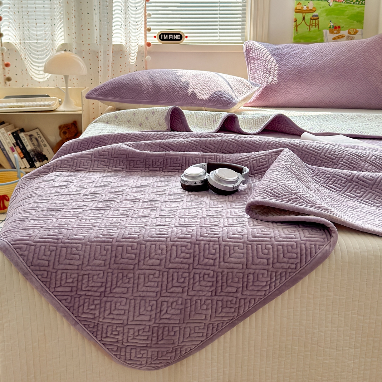 91家纺网 家纺一手货源 找家纺 美优兰 2025新款棉加绒高温砂洗夹棉单床盖 床盖单件 暖阳-紫薯