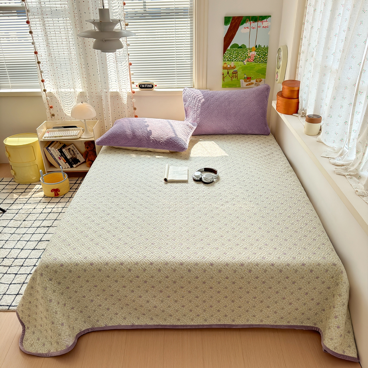 91家纺网 家纺一手货源 找家纺 美优兰 2025新款棉加绒高温砂洗夹棉单床盖 床盖单件 暖阳-紫薯