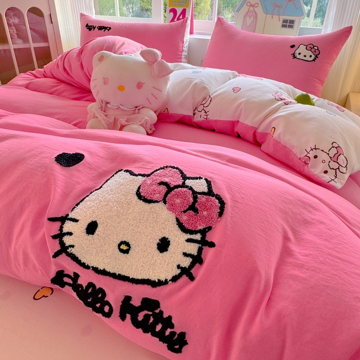 91家纺网 家纺一手货源 找家纺 艾特你 2025新款三丽鸥水洗云朵棉毛巾绣四件套-三丽鸥 爱心Kitty