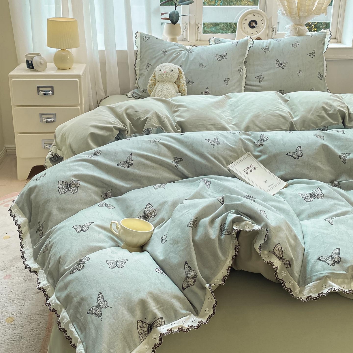 91家纺网 家纺一手货源 找家纺 宜家坊 2025新款全棉加厚赫本风花边磨毛四件套 梦蝶-绿