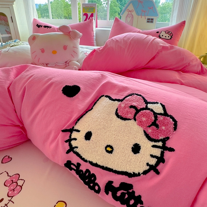 91家纺网 家纺一手货源 找家纺 艾特你 2025新款三丽鸥水洗云朵棉毛巾绣四件套-三丽鸥 爱心Kitty
