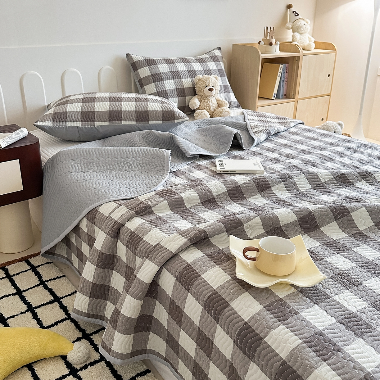 乐野家居 2025新款A类全棉水洗棉夹棉床盖三件套 灰中格