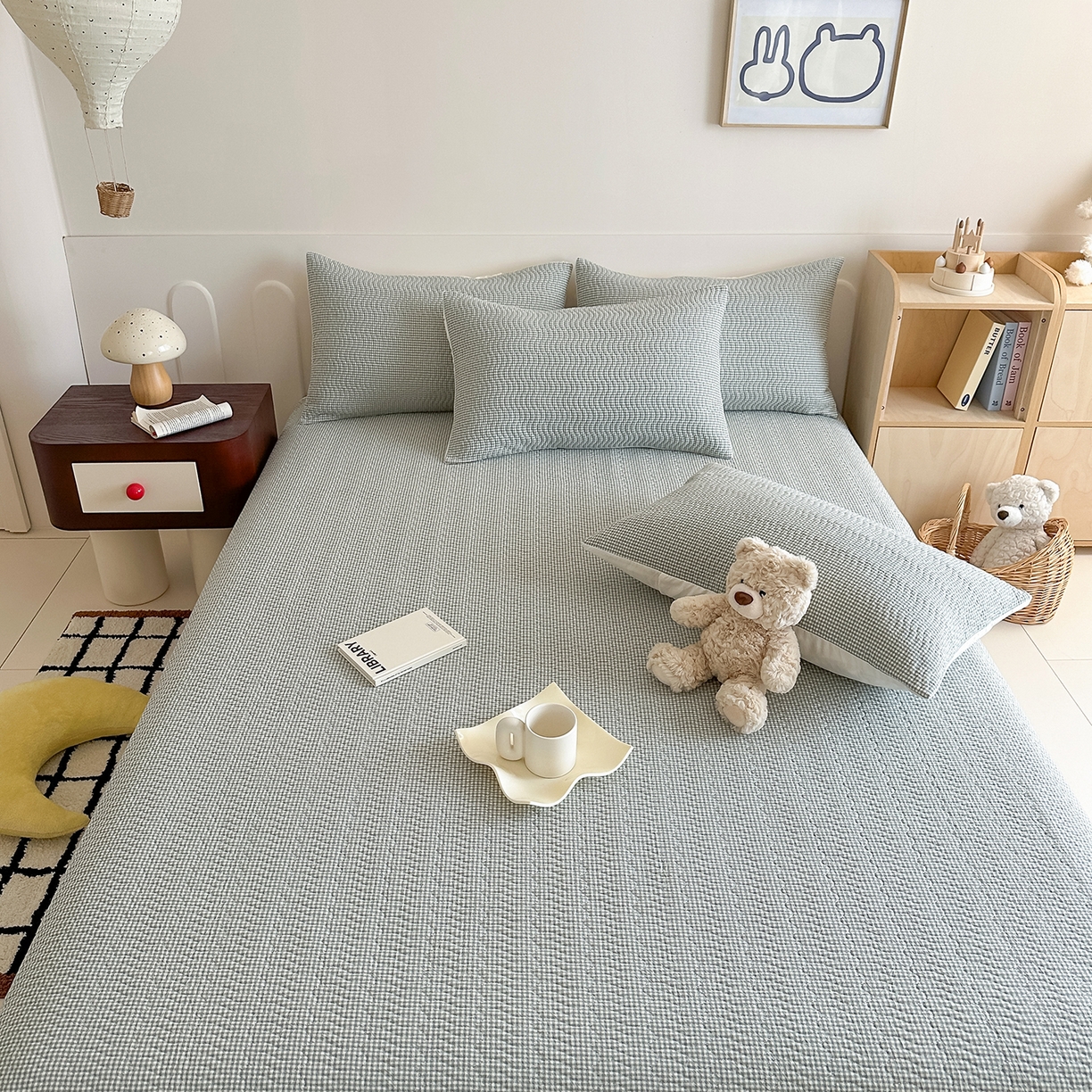 91家纺网 家纺一手货源 找家纺 乐野家居 2025新款A类全棉水洗棉夹棉床盖三件套 密格绿