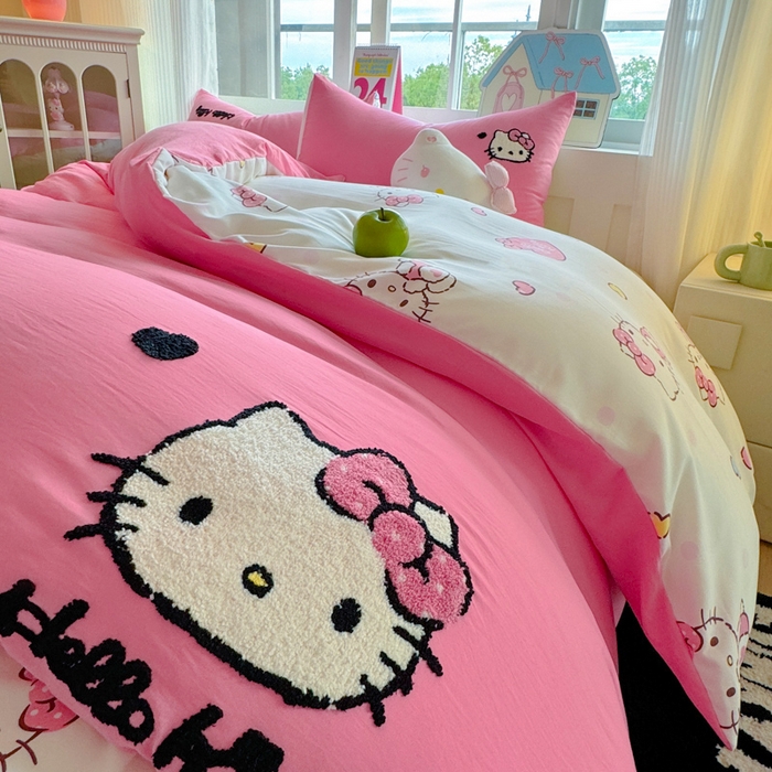 91家纺网 家纺一手货源 找家纺 艾特你 2025新款三丽鸥水洗云朵棉毛巾绣四件套-三丽鸥 爱心Kitty