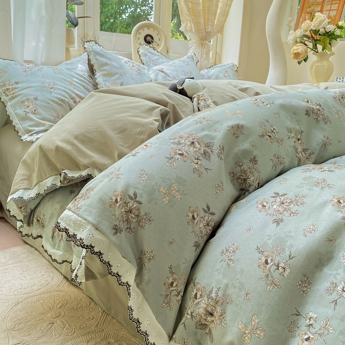 宜家坊 2025新款全棉加厚赫本风花边磨毛四件套 雷亚-绿