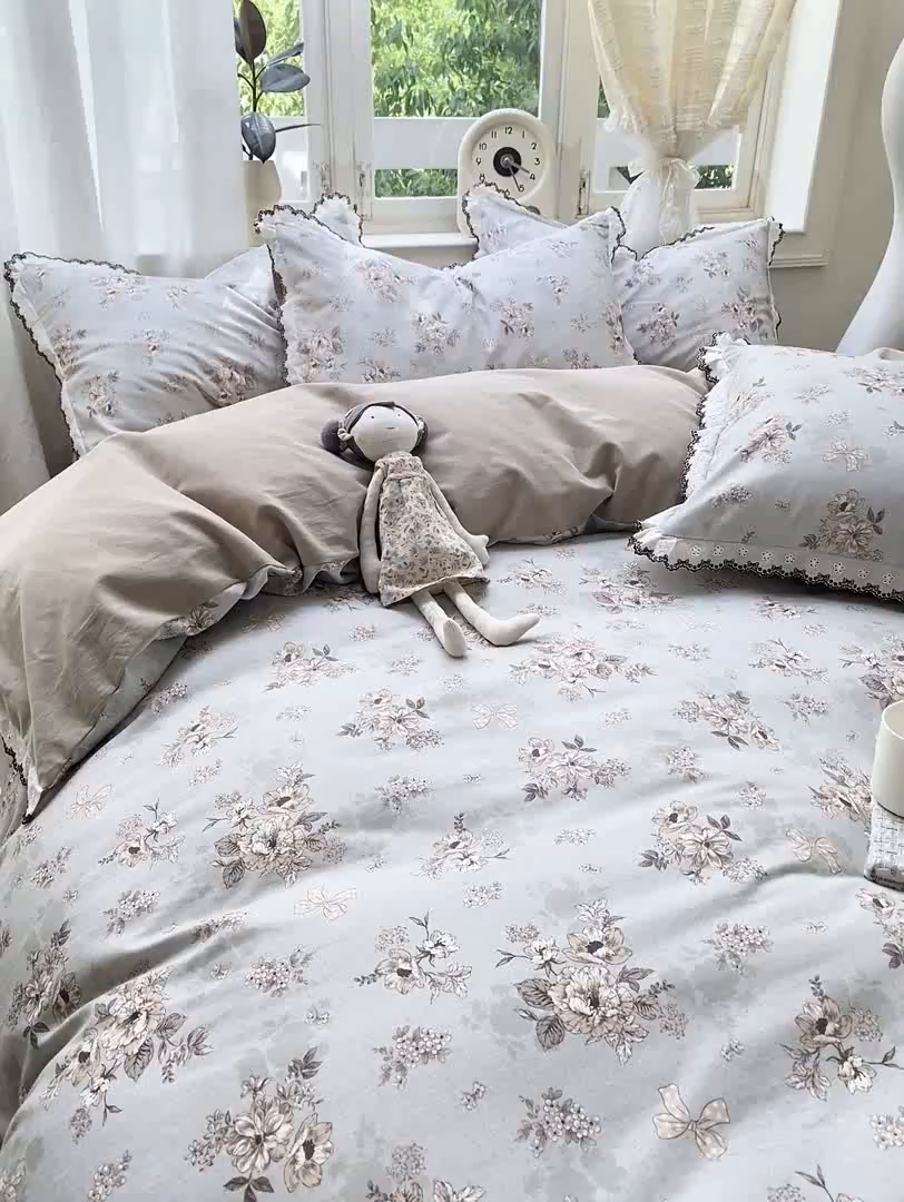 91家纺网 家纺一手货源 找家纺 宜家坊 2025新款全棉加厚赫本风花边磨毛四件套 雷亚-绿