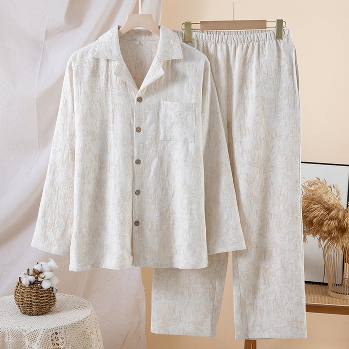 91家纺网 家纺一手货源 找家纺 （总）【只代发】2025新款无印风简约纯色棉麻睡衣情侣款春秋夏季薄款男女士家居服套装可外穿长袖