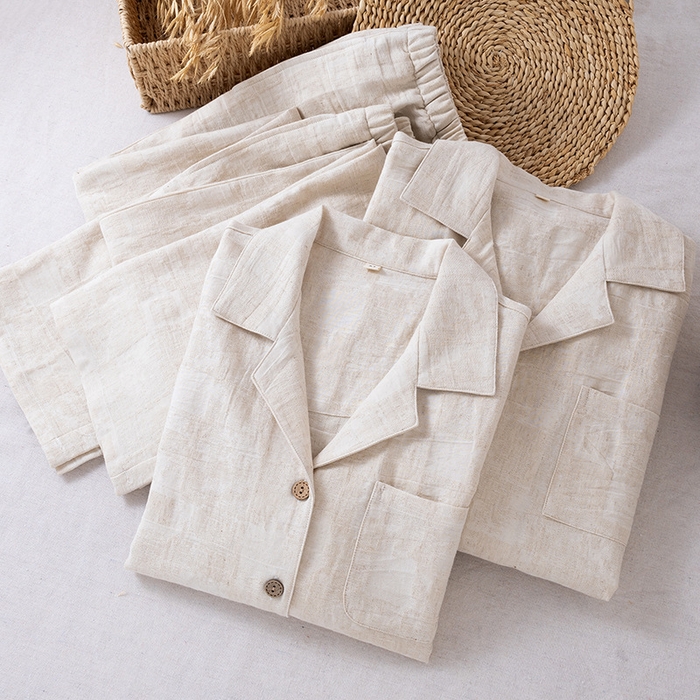 91家纺网 家纺一手货源 找家纺 （总）【只代发】2025新款无印风简约纯色棉麻睡衣情侣款春秋夏季薄款男女士家居服套装可外穿长袖