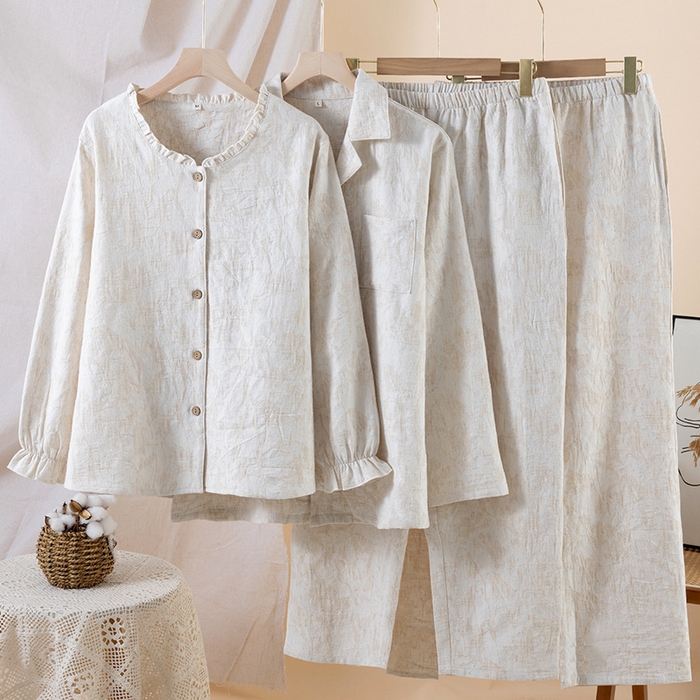 （总）【只代发】2025新款无印风简约纯色棉麻睡衣情侣款春秋夏季薄款男女士家居服套装可外穿长袖