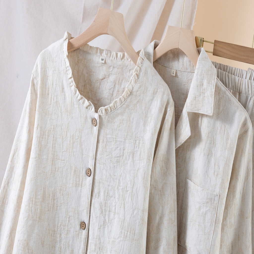 91家纺网 家纺一手货源 找家纺 （总）【只代发】2025新款无印风简约纯色棉麻睡衣情侣款春秋夏季薄款男女士家居服套装可外穿长袖