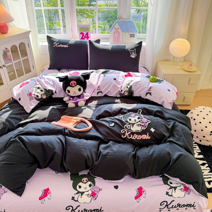 91家纺网 家纺一手货源 找家纺 艾特你 2025新款三丽鸥水洗云朵棉毛巾绣四件套-三丽鸥 暗黑萝莉-黑