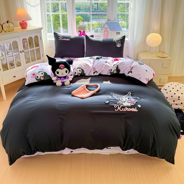 91家纺网 家纺一手货源 找家纺 艾特你 2025新款三丽鸥水洗云朵棉毛巾绣四件套-三丽鸥 暗黑萝莉-黑