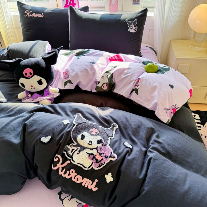 91家纺网 家纺一手货源 找家纺 艾特你 2025新款三丽鸥水洗云朵棉毛巾绣四件套-三丽鸥 暗黑萝莉-黑