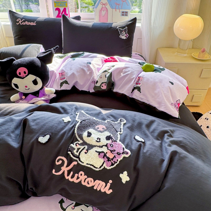 91家纺网 家纺一手货源 找家纺 艾特你 2025新款三丽鸥水洗云朵棉毛巾绣四件套-三丽鸥 暗黑萝莉-黑