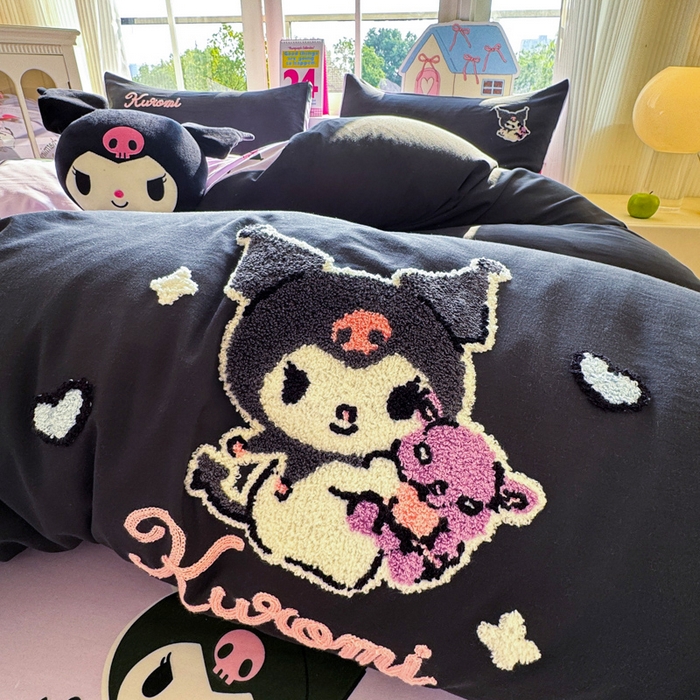 91家纺网 家纺一手货源 找家纺 艾特你 2025新款三丽鸥水洗云朵棉毛巾绣四件套-三丽鸥 暗黑萝莉-黑