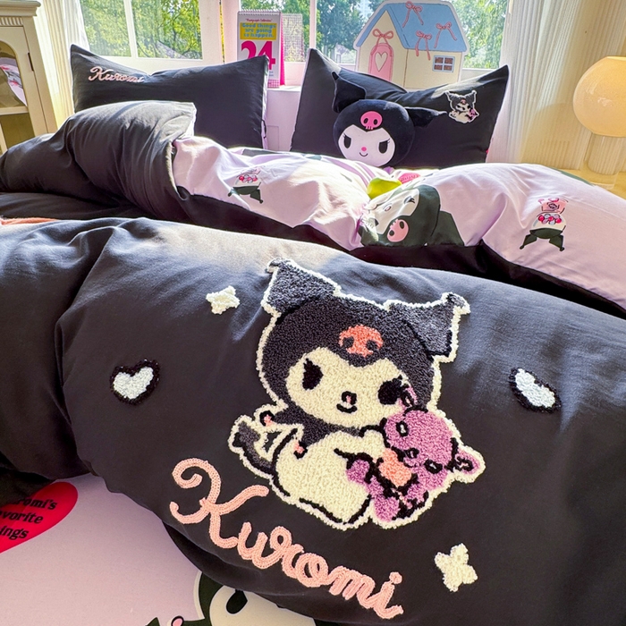 91家纺网 家纺一手货源 找家纺 艾特你 2025新款三丽鸥水洗云朵棉毛巾绣四件套-三丽鸥 暗黑萝莉-黑