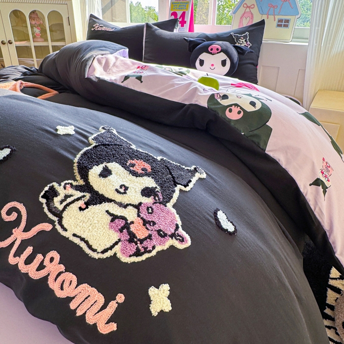 91家纺网 家纺一手货源 找家纺 艾特你 2025新款三丽鸥水洗云朵棉毛巾绣四件套-三丽鸥 暗黑萝莉-黑