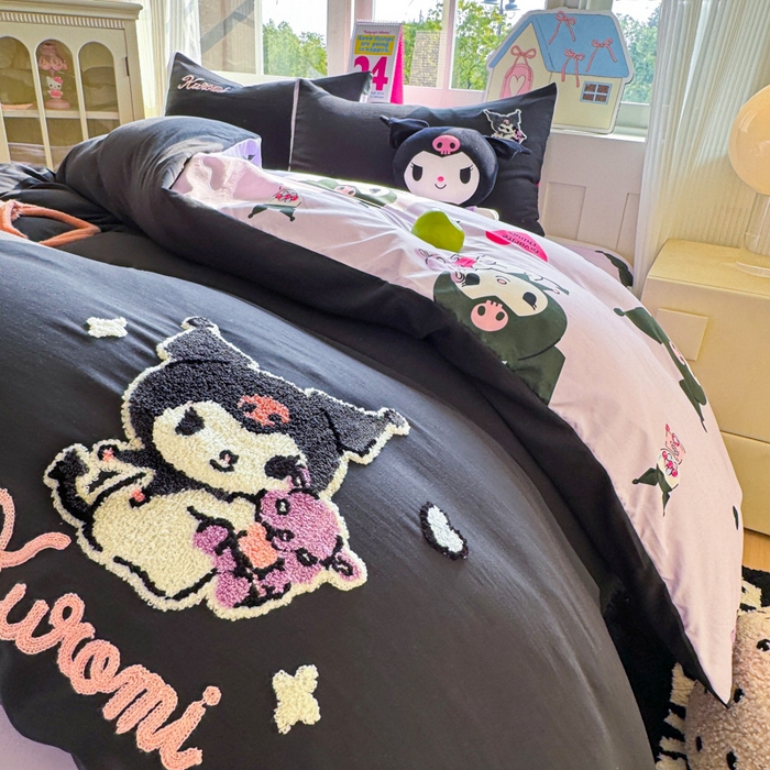 91家纺网 家纺一手货源 找家纺 艾特你 2025新款三丽鸥水洗云朵棉毛巾绣四件套-三丽鸥 暗黑萝莉-黑