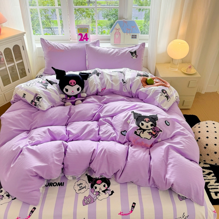 91家纺网 家纺一手货源 找家纺 艾特你 2025新款三丽鸥水洗云朵棉毛巾绣四件套-三丽鸥 暗黑萝莉-紫