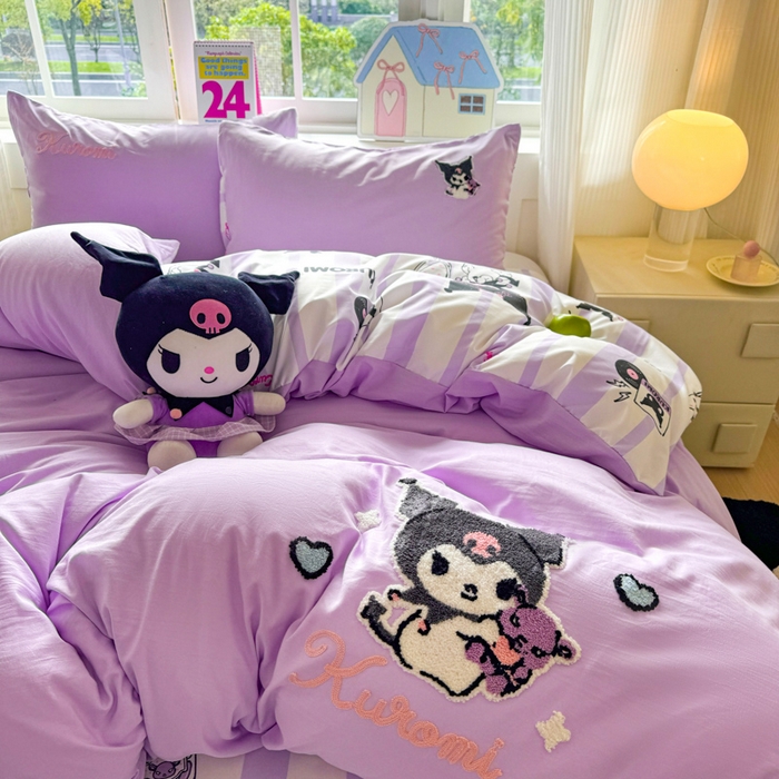 91家纺网 家纺一手货源 找家纺 艾特你 2025新款三丽鸥水洗云朵棉毛巾绣四件套-三丽鸥 暗黑萝莉-紫