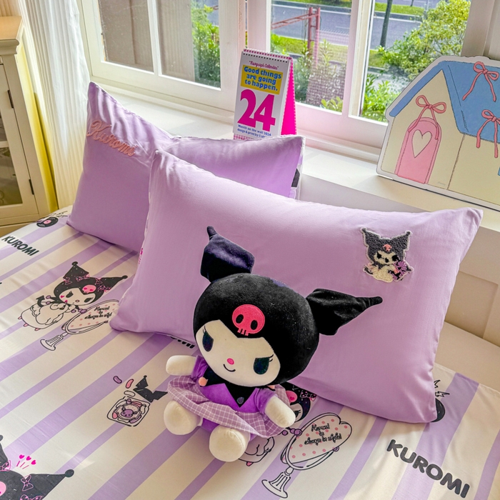 91家纺网 家纺一手货源 找家纺 艾特你 2025新款三丽鸥水洗云朵棉毛巾绣四件套-三丽鸥 暗黑萝莉-紫