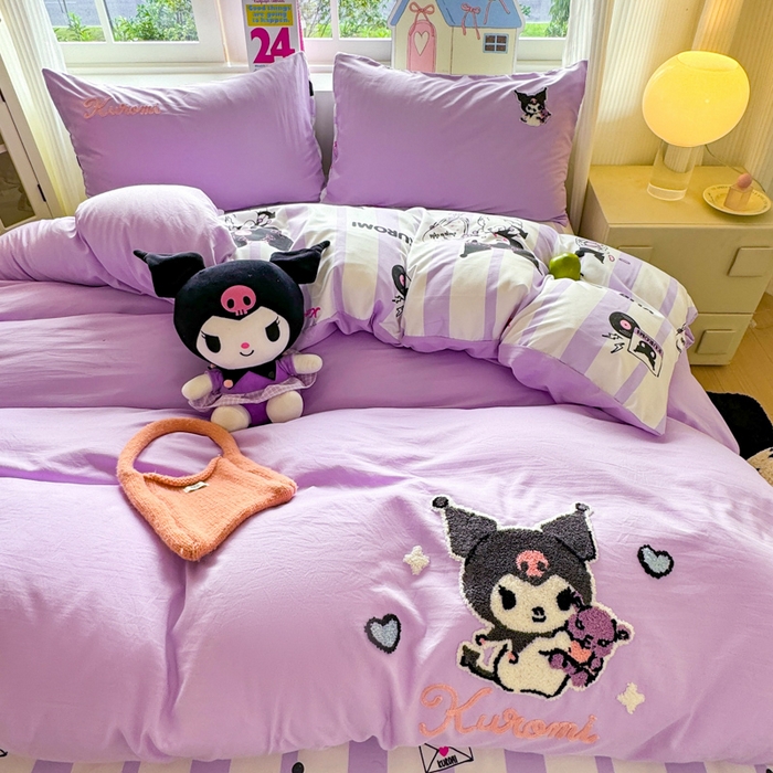 91家纺网 家纺一手货源 找家纺 艾特你 2025新款三丽鸥水洗云朵棉毛巾绣四件套-三丽鸥 暗黑萝莉-紫